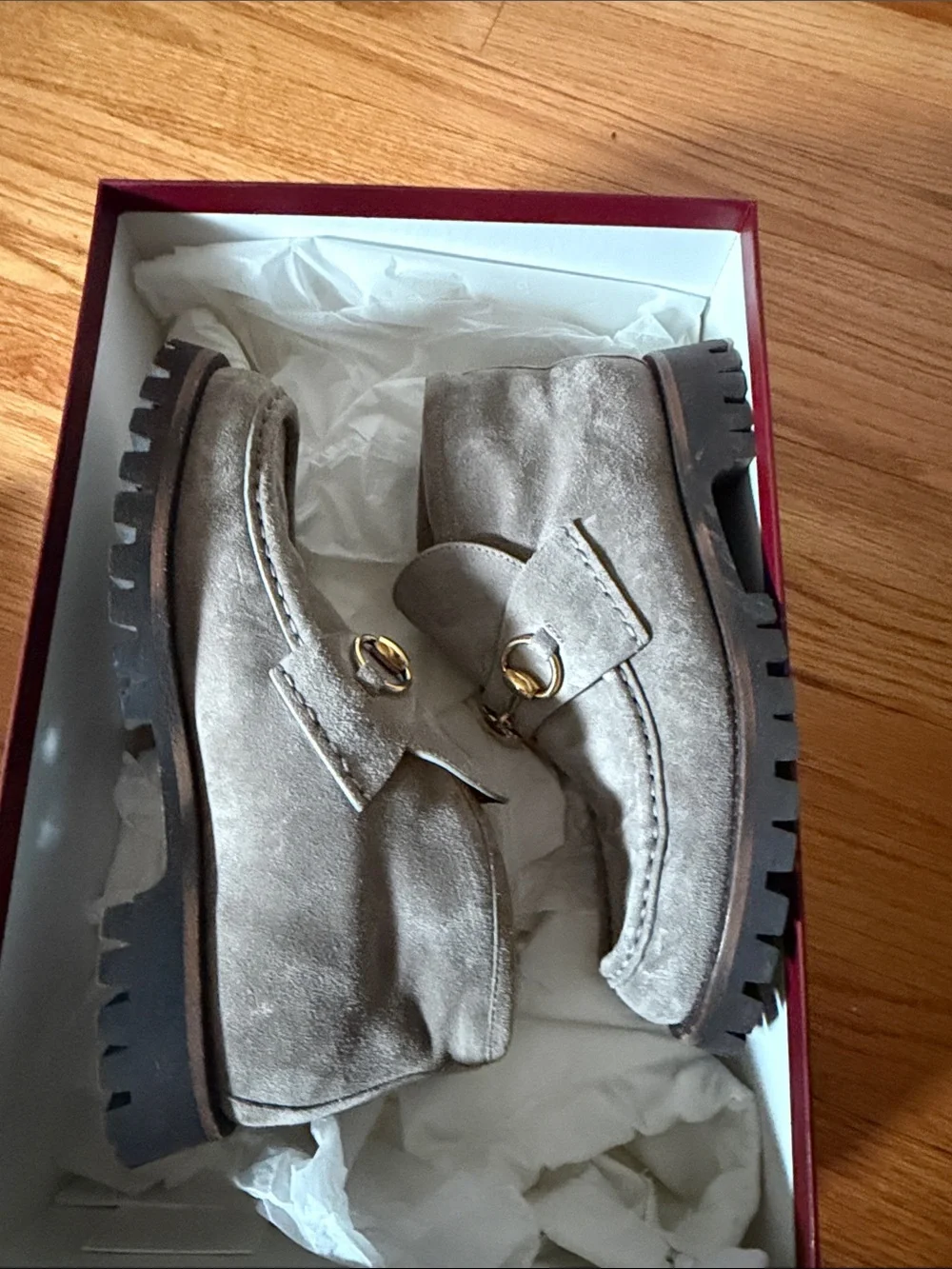 Gucci Women’s Suede Horsebit Chukka Loafer in Light Gray